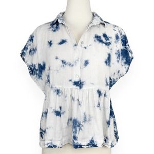 Racheal Zoe babydoll 100% Linen Lagenlook peplum oversized top XS White Blue